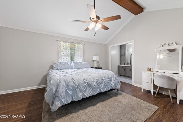 bedroom featuring vaulted ceiling with beams, dark hardwood / wood-style flooring, ceiling fan, and connected bathroom