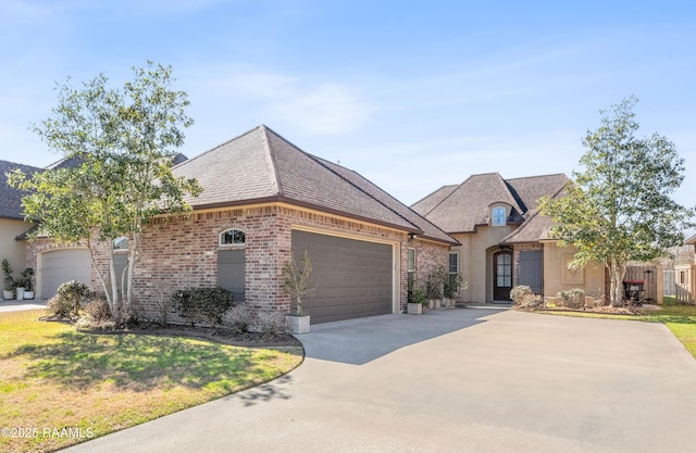 french provincial home featuring driveway, brick siding, an attached garage, and a shingled roof