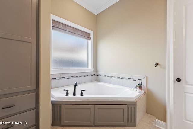 full bathroom featuring a garden tub and crown molding