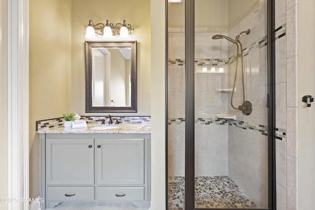 bathroom with a stall shower, tasteful backsplash, and vanity