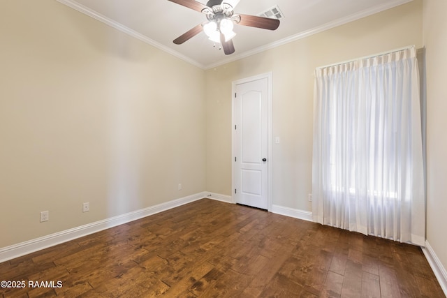 empty room with a ceiling fan, baseboards, visible vents, dark wood-style floors, and crown molding