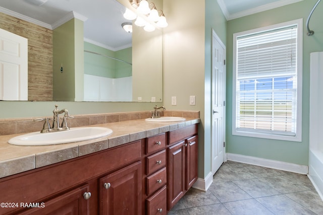 bathroom with vanity, tile patterned floors, and crown molding