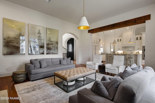 living room featuring dark hardwood / wood-style floors and crown molding