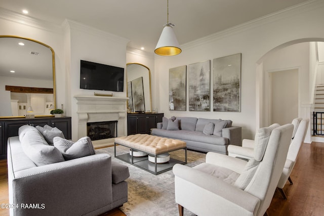 living room featuring ornamental molding and dark wood-type flooring