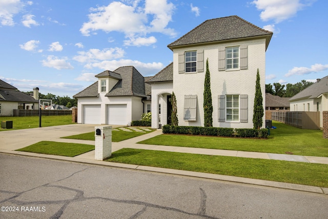 view of front of property featuring a garage and a front lawn