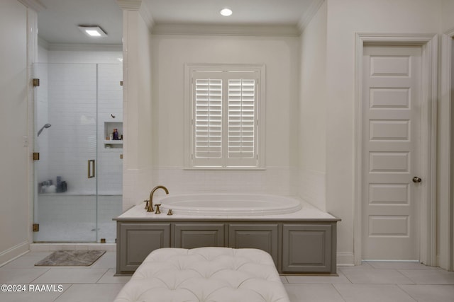 bathroom with plus walk in shower, tile patterned floors, and crown molding