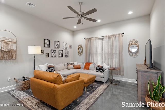 living room featuring ceiling fan