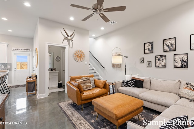 living room with ceiling fan