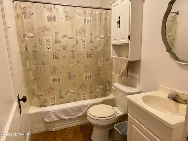 full bathroom with shower / bath combination with curtain, toilet, and vanity