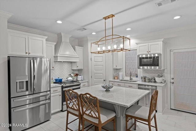 kitchen with white cabinetry, sink, premium range hood, and stainless steel appliances