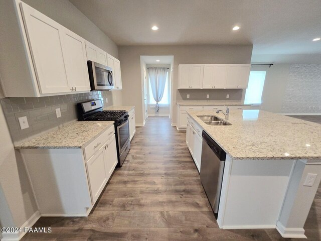 kitchen featuring appliances with stainless steel finishes, sink, hardwood / wood-style floors, and a kitchen island with sink