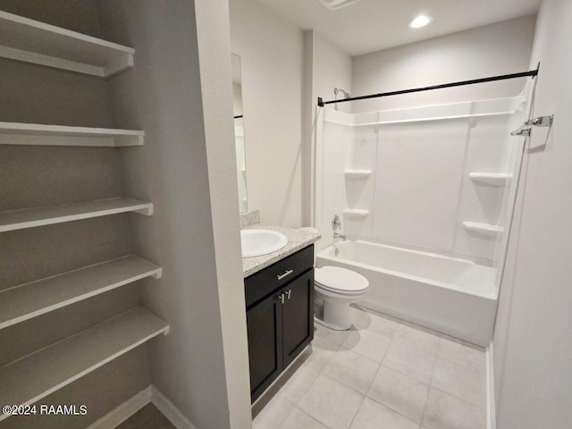 full bathroom with bathtub / shower combination, oversized vanity, toilet, and tile floors