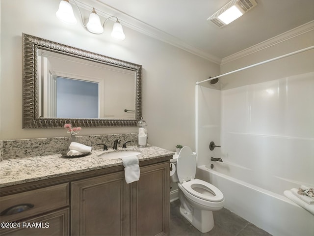 full bathroom featuring  shower combination, tile patterned flooring, vanity, ornamental molding, and toilet