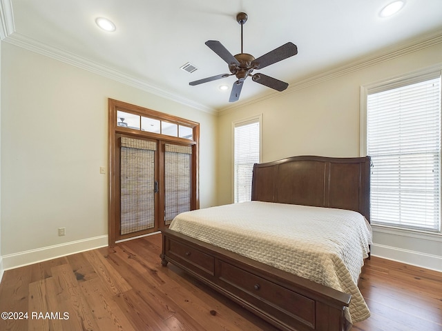 bedroom with crown molding, dark wood-type flooring, ceiling fan, and access to outside