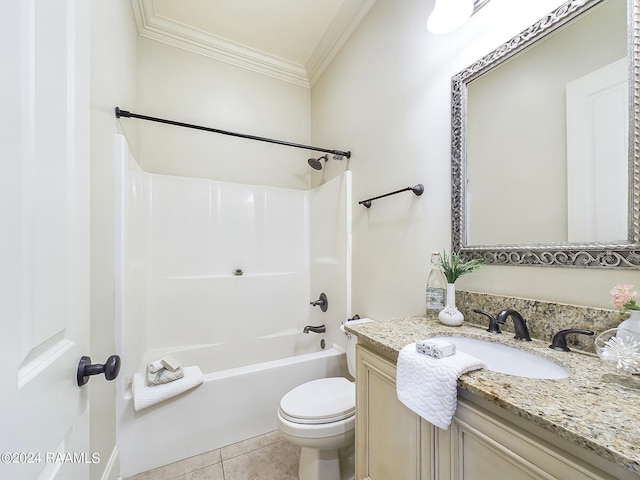 full bathroom with toilet, crown molding, tub / shower combination, vanity, and tile patterned flooring