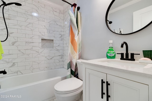 full bathroom featuring vanity, crown molding, toilet, and shower / bath combo