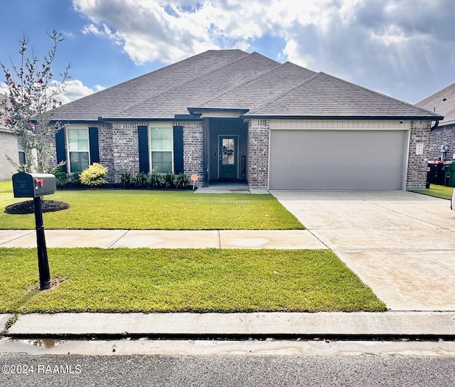 view of front of property with a front lawn and a garage