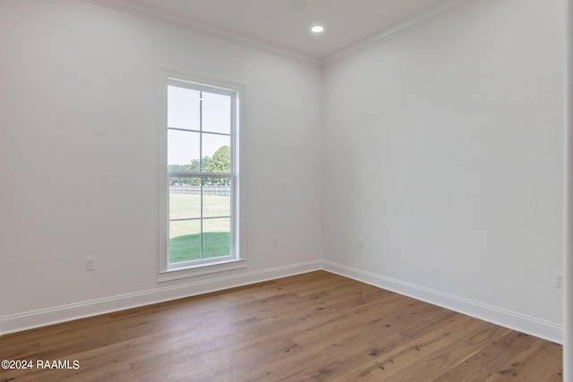 empty room with light hardwood / wood-style flooring, plenty of natural light, and ornamental molding