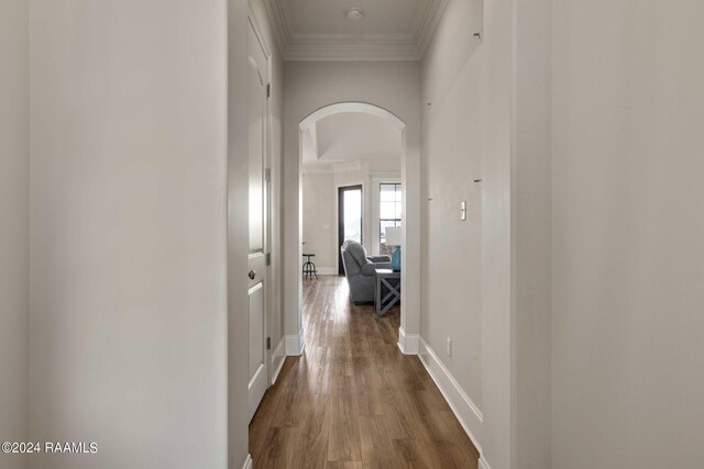 hallway featuring ornamental molding and dark hardwood / wood-style floors