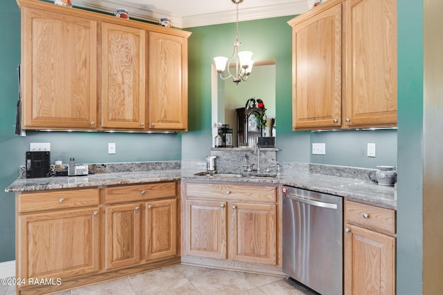 kitchen with crown molding, decorative light fixtures, dishwasher, and light stone countertops