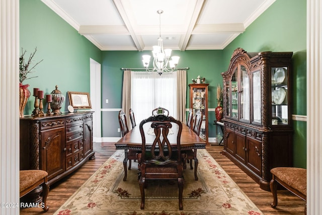 dining room with beamed ceiling, coffered ceiling, dark wood-type flooring, and an inviting chandelier