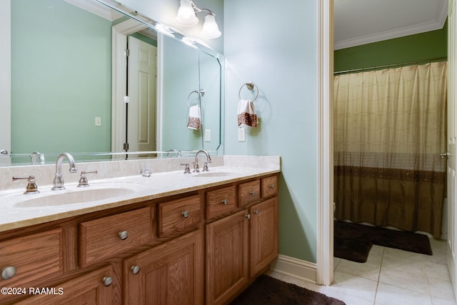 bathroom featuring tile patterned flooring, crown molding, vanity, and a shower with curtain