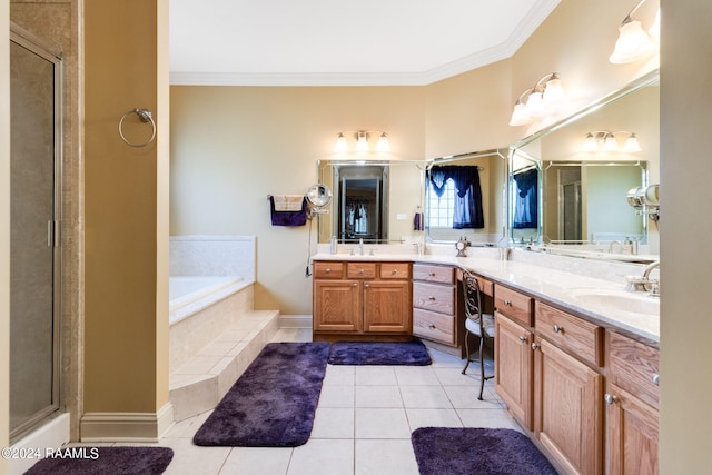 bathroom featuring tile patterned flooring, crown molding, independent shower and bath, and vanity