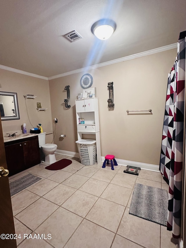 bathroom with toilet, tile patterned flooring, visible vents, and crown molding