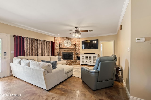 living room featuring a fireplace, ceiling fan, and crown molding