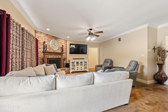 living room featuring a fireplace, ceiling fan, and ornamental molding