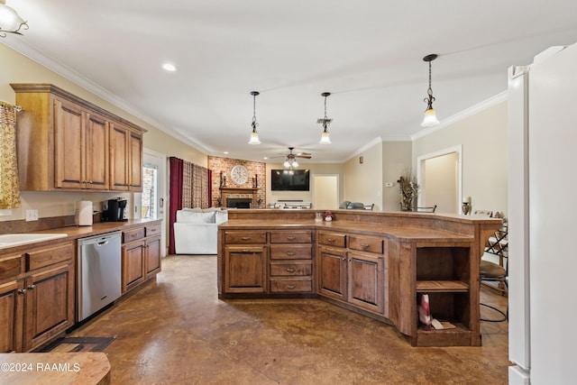 kitchen featuring stainless steel dishwasher, ceiling fan, crown molding, and hanging light fixtures