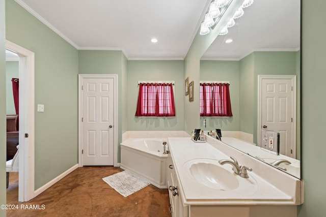 bathroom with a bath, ornamental molding, and vanity