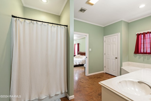 bathroom featuring shower / bathtub combination with curtain, ornamental molding, and vanity