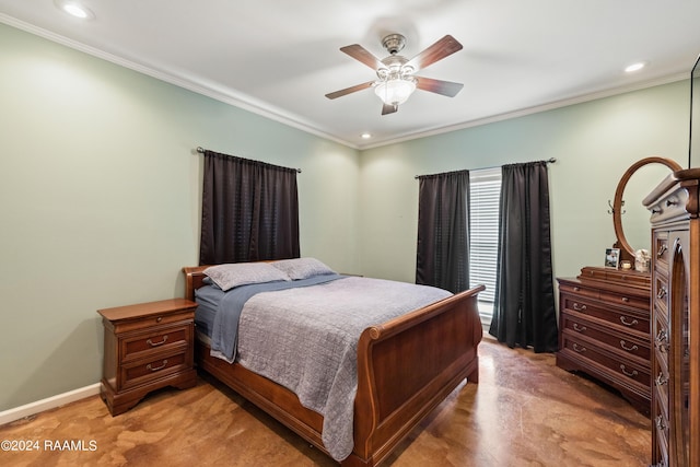 bedroom with ceiling fan and crown molding