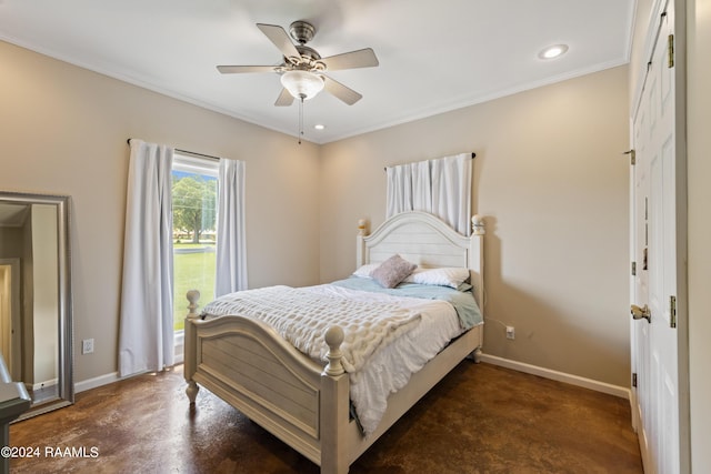 bedroom with ceiling fan and ornamental molding