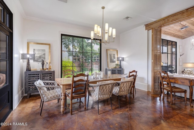 dining area featuring a notable chandelier and crown molding