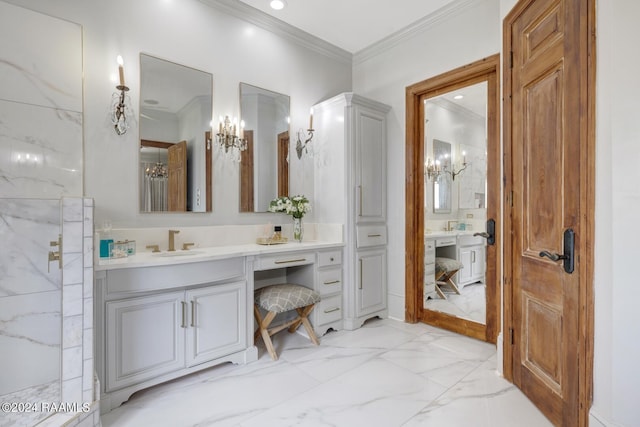 bathroom with vanity and crown molding