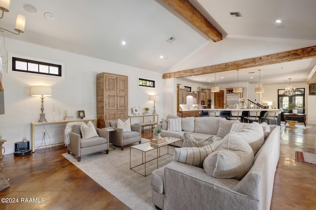 living room with beamed ceiling, high vaulted ceiling, and an inviting chandelier