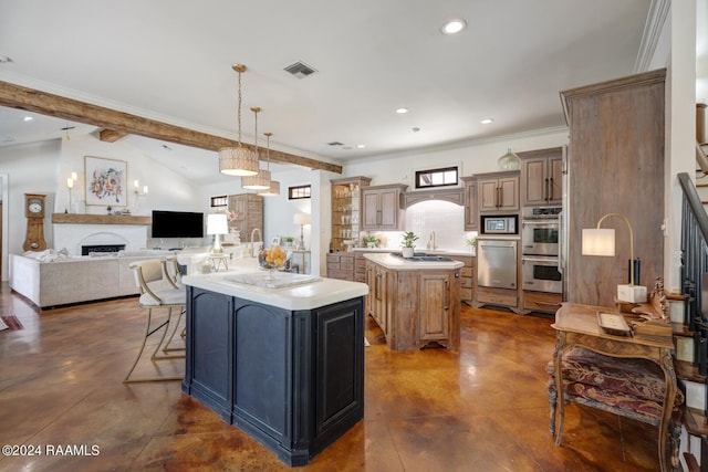 kitchen with pendant lighting, a center island with sink, lofted ceiling with beams, a kitchen bar, and stainless steel double oven