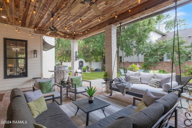 view of patio featuring a grill, ceiling fan, and an outdoor hangout area