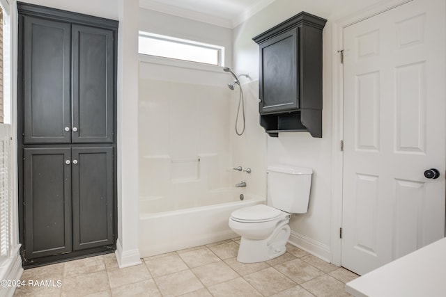 bathroom featuring tile patterned flooring, toilet, shower / bath combination, and crown molding