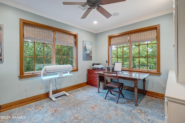 office featuring ornamental molding, baseboards, a healthy amount of sunlight, and ceiling fan
