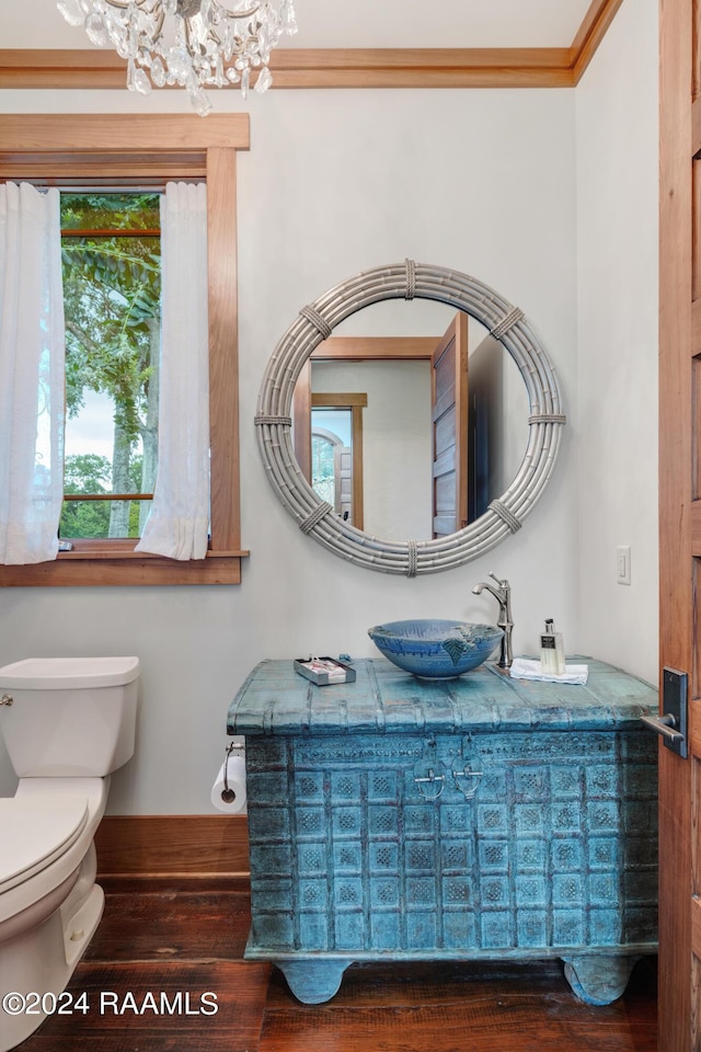 bathroom featuring toilet, vanity, wood finished floors, baseboards, and an inviting chandelier