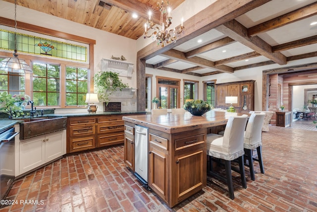 kitchen featuring a wealth of natural light, a sink, stainless steel dishwasher, and a kitchen breakfast bar