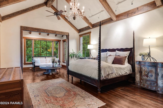 bedroom featuring high vaulted ceiling, beam ceiling, hardwood / wood-style flooring, a chandelier, and track lighting