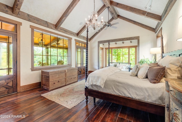 bedroom featuring access to exterior, beam ceiling, a chandelier, baseboards, and dark wood-style flooring
