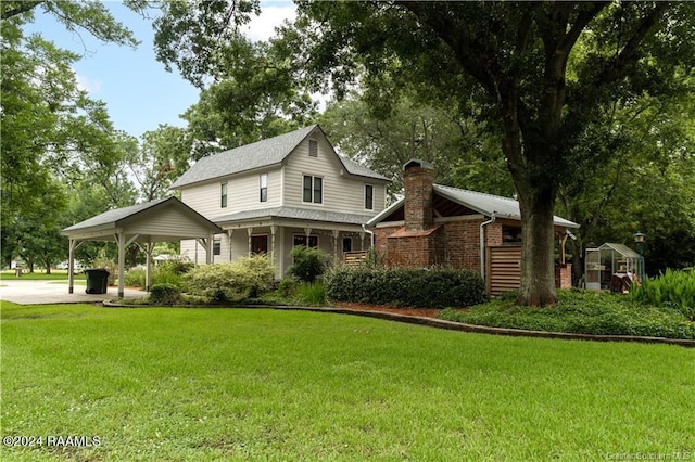 319 Goodwin St, Welsh, LA 70591 - rear view of house with a yard, a carport, brick siding, and a chimney
