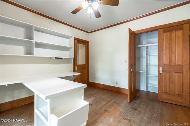 319 Goodwin St, Welsh, LA 70591 - unfurnished office with a ceiling fan, wood finished floors, and ornamental molding