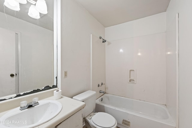 full bathroom with washtub / shower combination, toilet, and vanity