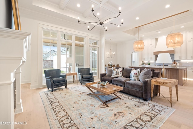 living room featuring a notable chandelier, coffered ceiling, beam ceiling, light wood finished floors, and crown molding